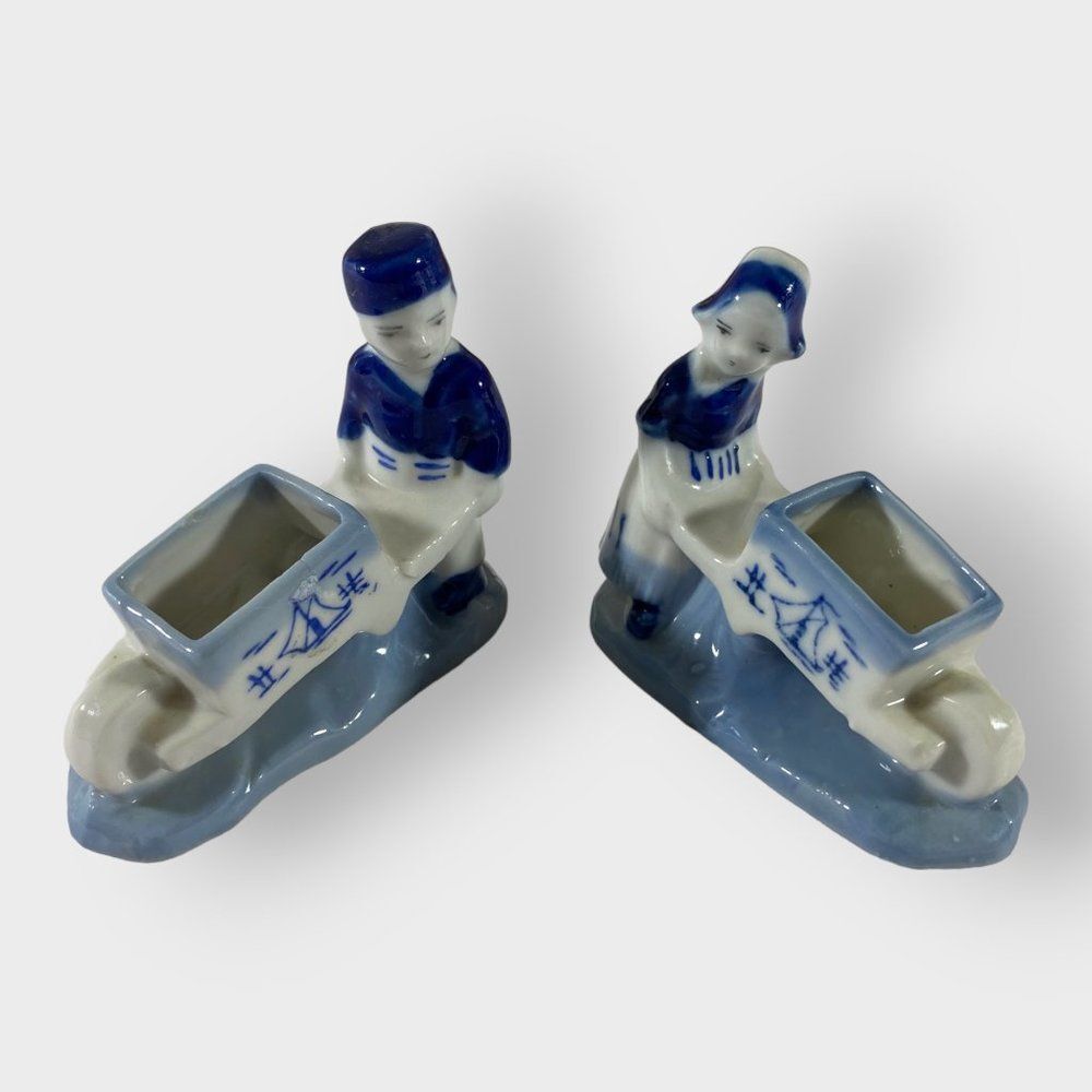 Vintage Japanese Delft Blue Ceramic Boy and Girl Wheelbarrow Mini Planters